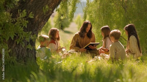 Jesus sitting in clearing under tree reading book and smiling with children. Jesus teaches children new knowledge by reading book under tree on warm summer day. Jesus shares knowledge with children