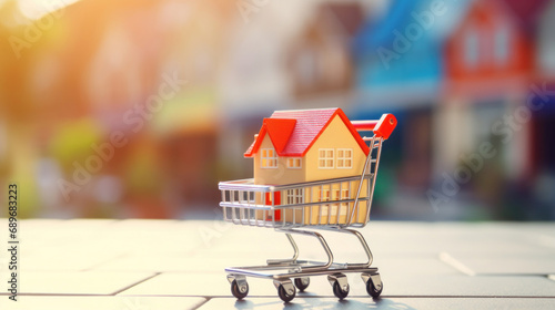 Miniature house in shopping trolley on blurred background. Real estate concept