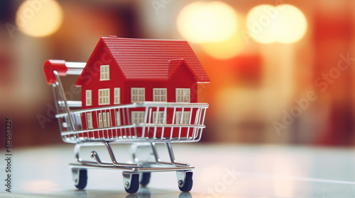 Miniature model of a house in a shopping cart on bokeh background