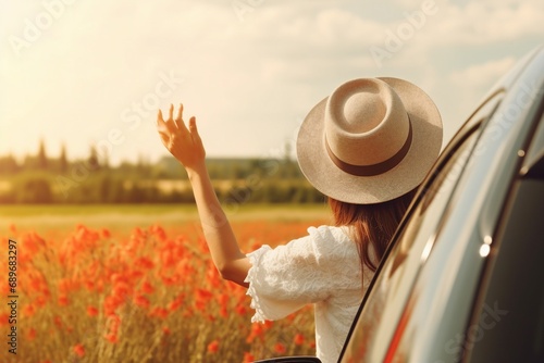 Summertime, summer fun, enjoying, relaxing, tourism, travel, leisure time, vacation mode, happiness concept. Woman enjoying summer vacation. Hands holding hat out of car window. generative ai. photo