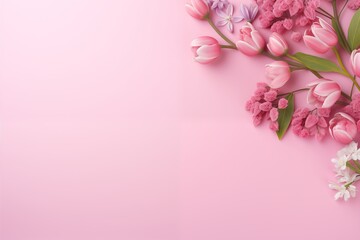 Beautiful flowers on pink background. A card for Easter, Women's Day, Mother's Day, Valentine's Day with a place for text.