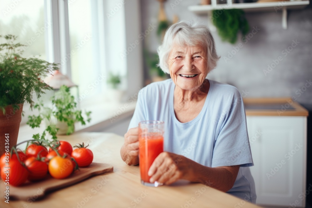 elderly woman enjoying glass of self-made tomato juice