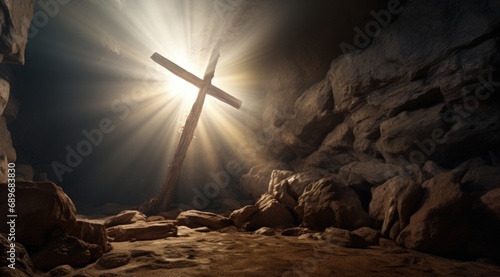 Cross inside a cave, sun rays, concept of Christianity and Easter holiday. Generative AI photo