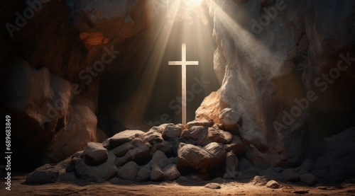 Cross inside a cave  sun rays  concept of Christianity and Easter holiday. Generative AI