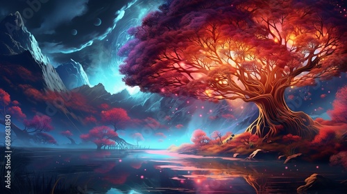 The digital painting depicts a stunning fairytale tree in a fantasy and magic style in an enchanting place with a river and mist.