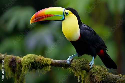 Keel billed Toucan perched on a forest branch in Panamas lush greenery