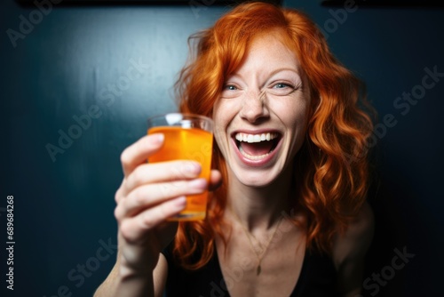 woman grinning with a ginger shot in her hand