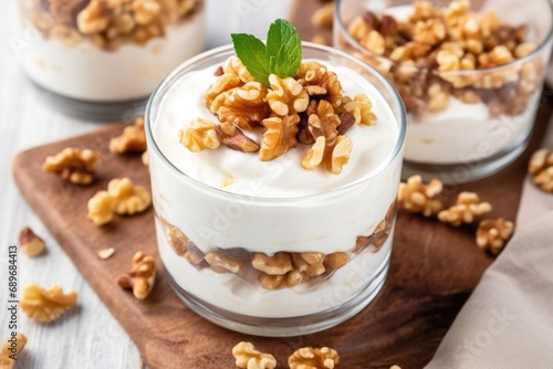 top view of a greek yogurt parfait garnished with walnuts photo