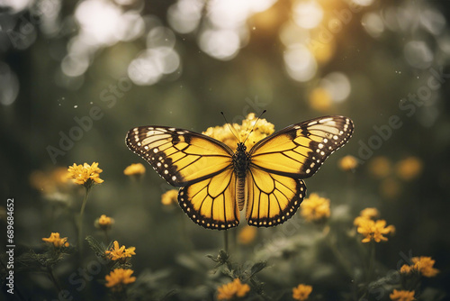 Yellow butterfly. Butterfly on yellow flowers. Soft focus. AI generated.