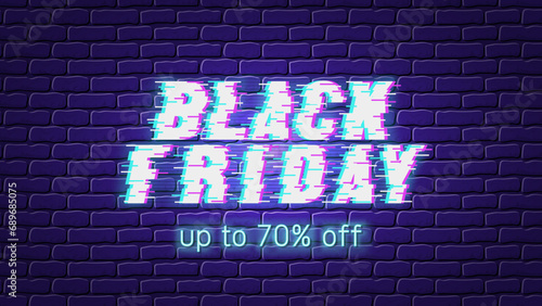 Black Friday inscription in glitch style, signal interference on TV. Sale promotion banner on a dark brick wall. Dark tones design template with neon glow.