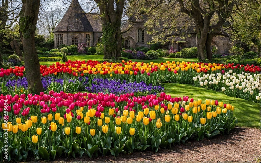 A secret garden with blooming tulips in every shade imaginable.






