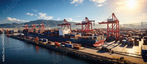 Container loading on cargo ship with big crane, industrial background