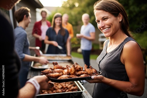 woman serving grilled chicken wings at a gathering