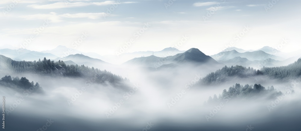Abstract fog panoramic view. White cloudiness, mist or mist moving on a black background