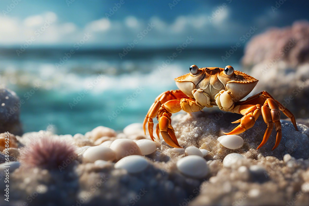 Crab. Crab on the rocks near the seashore. Soft focus. AI generated Crab. Crab on the rocks near the seashore. Soft focus. AI generated