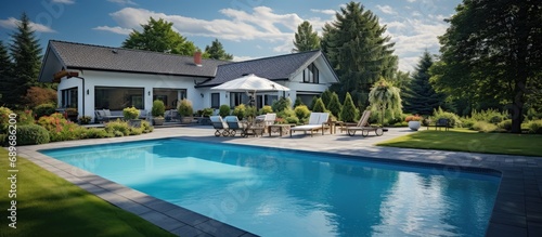 Backyard of an elegant house with swimming pool, blue sky in the background photo