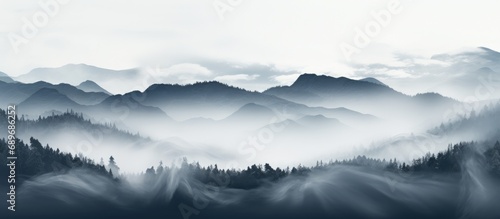 Abstract fog panoramic view. White cloudiness, mist or mist moving on a black background