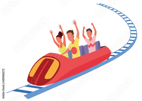 Roller coaster happy people. Rollercoaster. Friends riding in amusement park have fun positive emotion, park attractions. Young people having fun and enjoyment, cartoon vector illustration