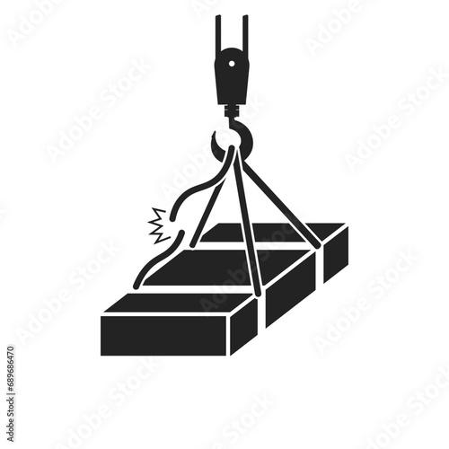 Isolated black pictogram sign risk of fall from height, wire sling break, for industrial engineering crane safety sign