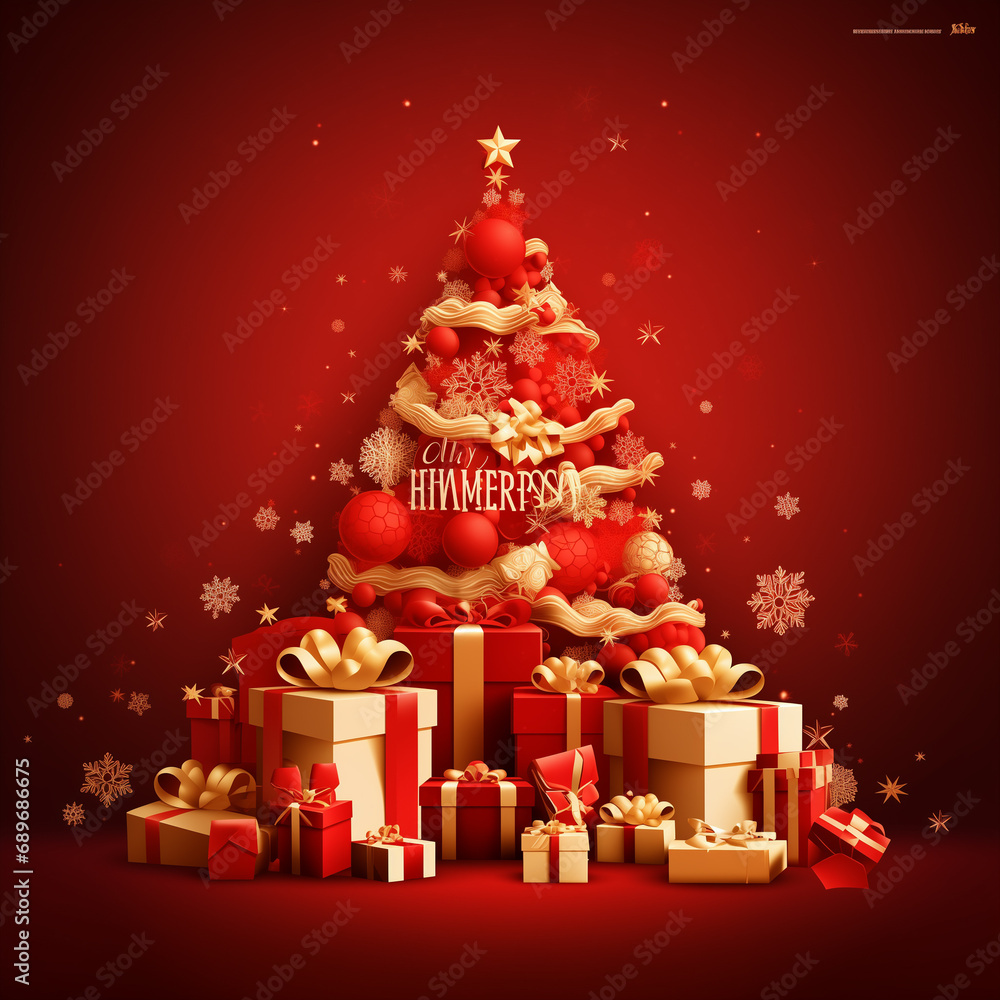 Red gift boxex with golden ribbons and christmas balls, red trees on red background for new year banner, web, card, social media concept design