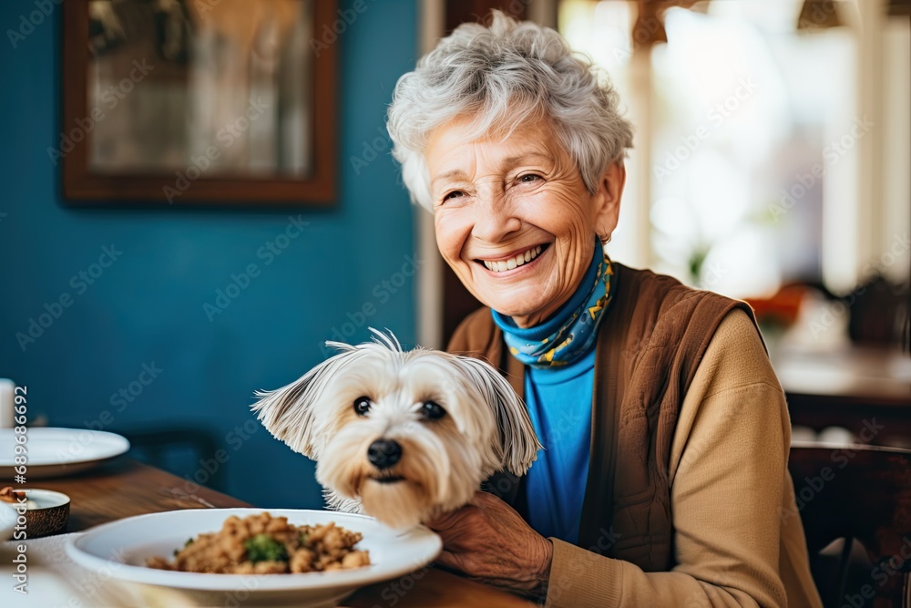 An elderly woman and her dog experience a touching moment of happiness and communication at home.