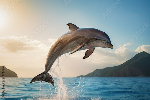 A happy dolphin jumps into the blue waters of the ocean at sunset, showing the beauty of marine life. © Iryna
