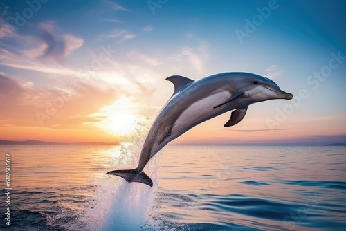 A playful dolphin jumps in the blue ocean, enjoying the freedom and beauty of sea life. © Iryna