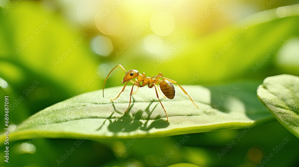 Naklejka premium A small insect is busy working on a green leaf in the outdoors.