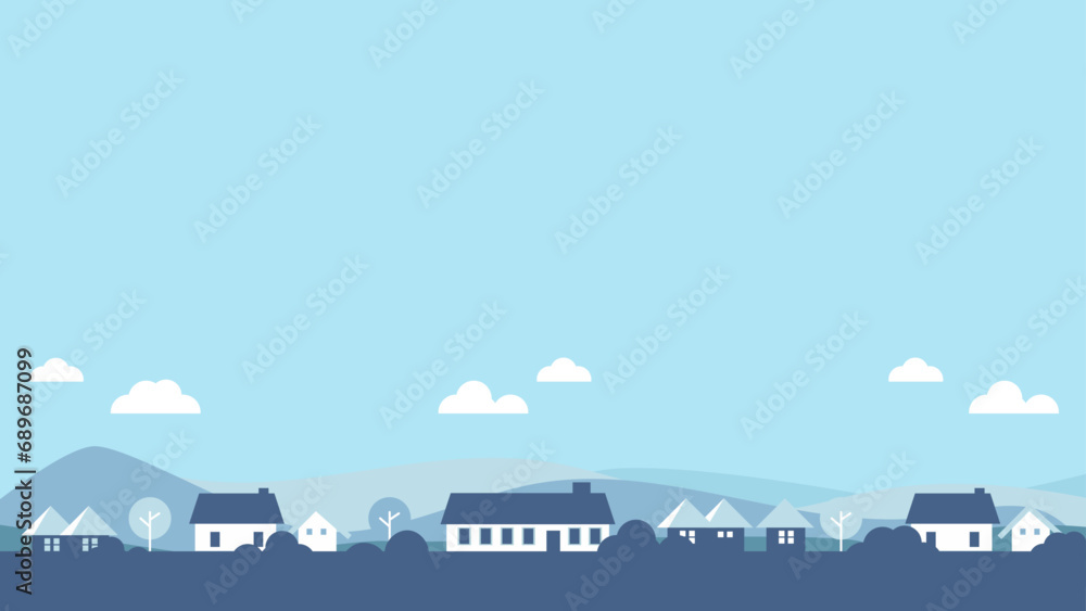 Vector building skyline bakground illustration of a landscape with clouds and house