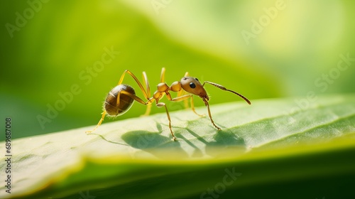 A small insect is busy working on a green leaf in the outdoors. © Roma