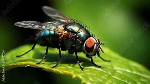 A small housefly on a green leaf is being photographed with extreme close-ups.