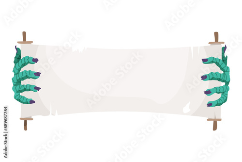Monsters hands holding banner. Characters paws, creepy fingers with talons holding banner. Cartoon vector design photo