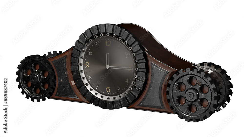 Desk clock in steampunk style. Transparent background. Isolated. 3D Rendering.
