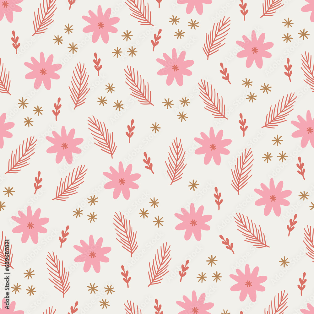 Christmas seamless pattern with flowers, snowflakes, fir branches. Vector illustration