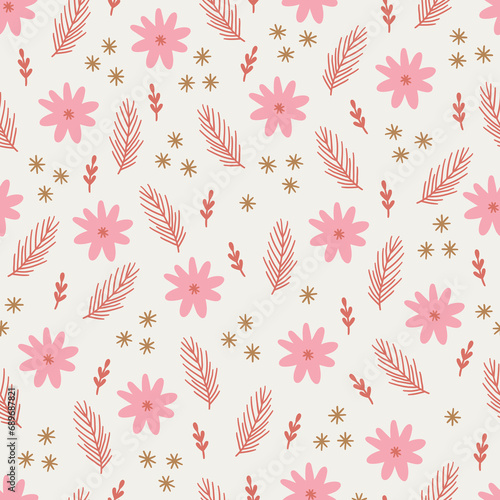Christmas seamless pattern with flowers  snowflakes  fir branches. Vector illustration