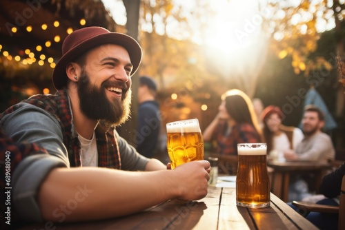 a person enjoying wheat beer in a beer garden photo