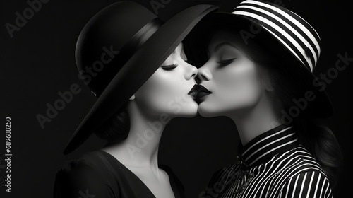 Two fashion-forward females, sporting fedoras atop their heads, share a passionate kiss, their lips meeting in a stylish display of love and individuality photo