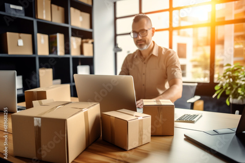 Small business aspiring entrepreneur, small and medium business freelance working in home office using tablet, online marketing packaging box delivery, SME e-commerce telemarketing concept. Generative © Paradoxx