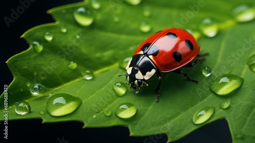 A ladybug has been observed crawling on a wet green leaf.