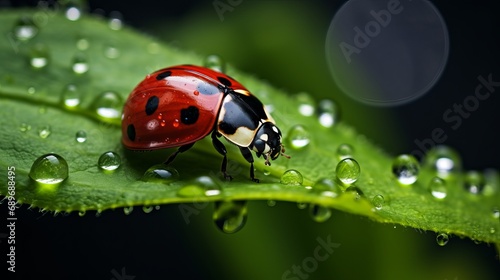 A ladybug has been observed crawling on a wet green leaf.