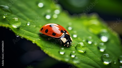 A ladybug has been observed crawling on a wet green leaf. © Ruslan