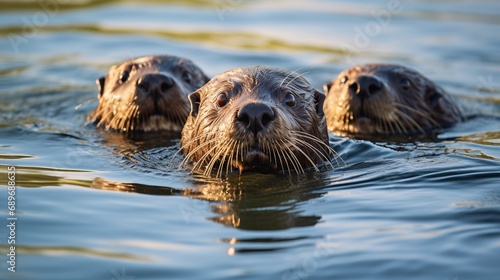 A river is where three otters are swimming