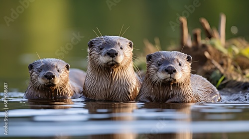 A river is where three otters are swimming © Ruslan