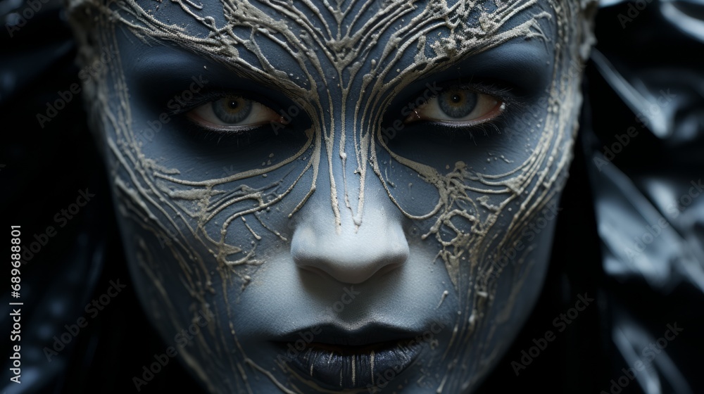 A woman's face transformed by a vibrant mask of blue paint, her clothing a daring contrast against the wild outdoor backdrop A woman's face transformed by a vibrant mask of blue paint, her clothing a daring contrast against the wild outdoor backdrop