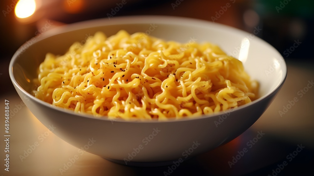 Close-up details of the perfectly cooked noodles in a bowl of ramen, capturing their texture against a simple white background, background image, generative AI Close-up details of the perfectly cooked noodles in a bowl of ramen, capturing their texture against a simple white background, background image, generative AI