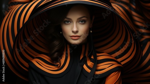 Bold and fierce, a girl donning a striking black and orange dress, adorned with a fashionable hat, exudes confidence and individuality in this captivating portrait