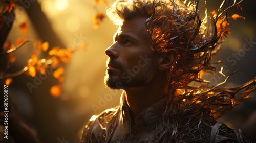 A rugged man with a thick beard and wild curls gazes intensely into the camera, capturing the essence of his adventurous spirit in this outdoor portrait