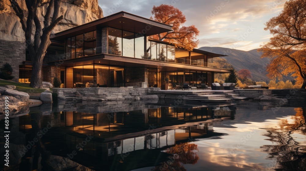 Amidst a vibrant autumn landscape, a majestic house stands tall against the backdrop of a serene lake, its reflection mirroring the fiery sunset sky and the towering mountains Amidst a vibrant autumn landscape, a majestic house stands tall against the backdrop of a serene lake, its reflection mirroring the fiery sunset sky and the towering mountains