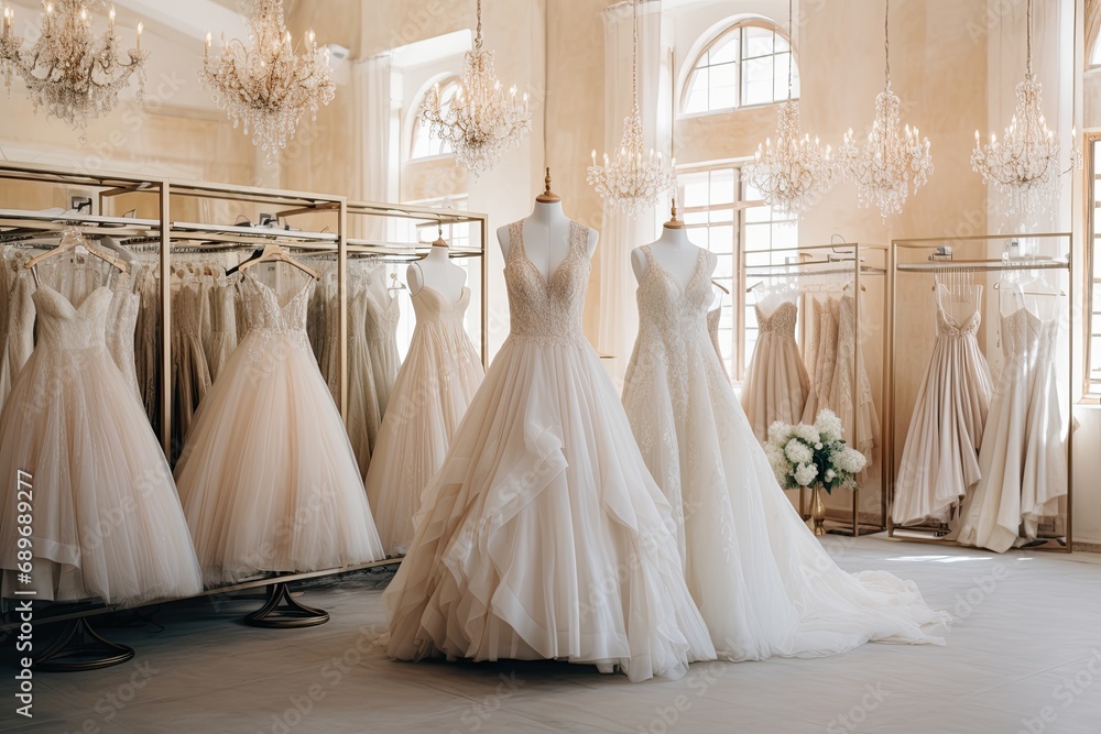 In a stylish bridal boutique, white and ivory wedding dresses showcase elegance and beauty in a luminous setting.