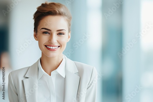Confident  successful businesswoman in a modern office  exuding professionalism with a cheerful smile.